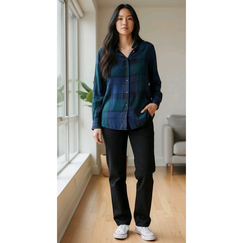 Ann Taylor Loft Women's Plaid BLUE Tartan Ruffle Collar Button Down Shirt SZ M